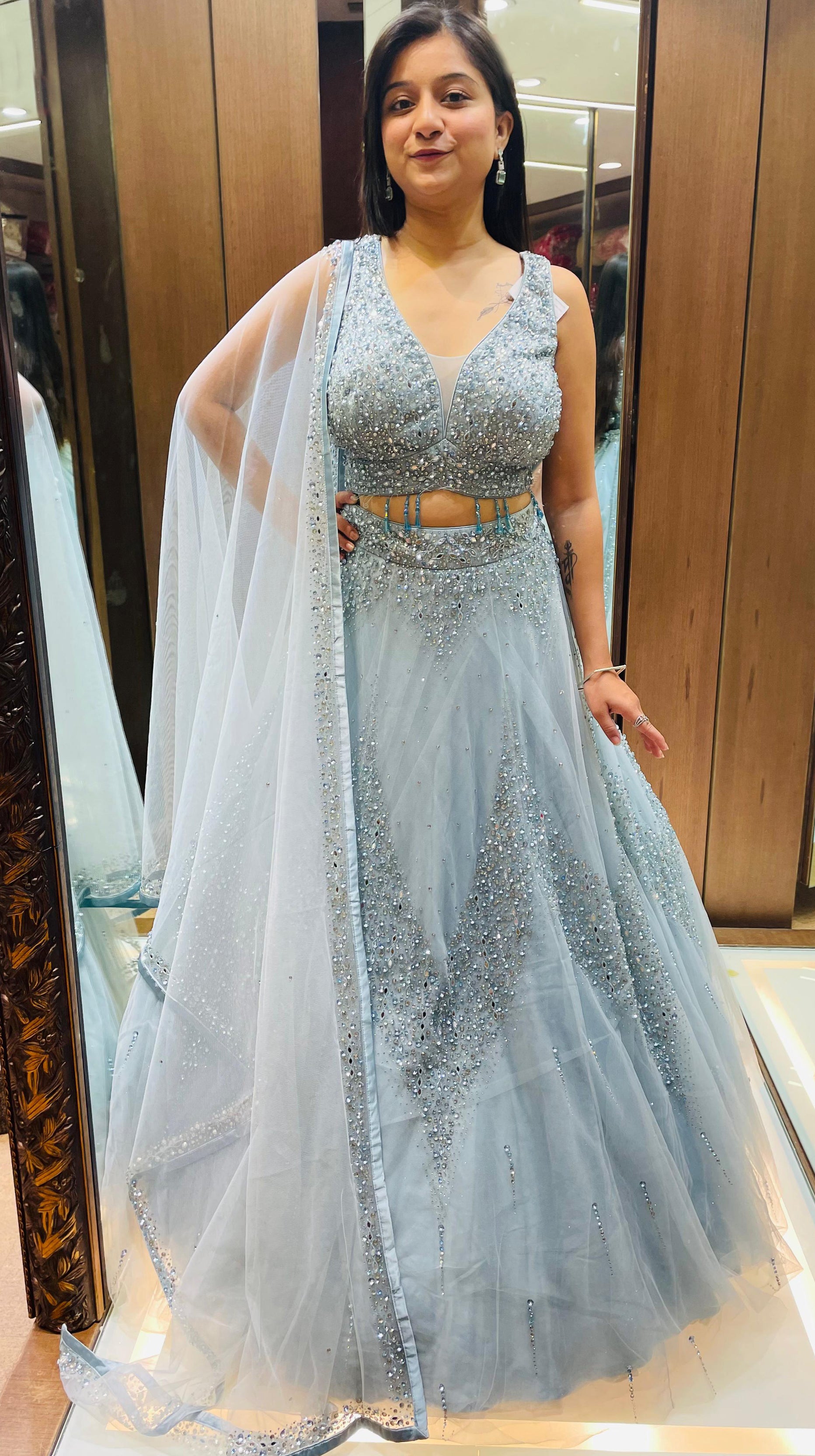 Sky Blue Color Net Swarkosi Work Party Wear Lehenga